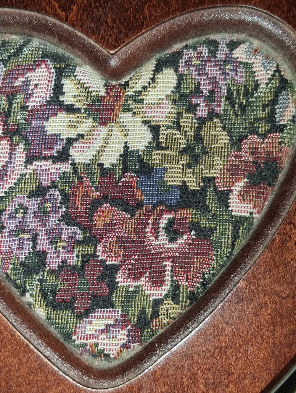 Vintage Heart-Shaped Wood Jewelry Box with Floral Fabric Inset - Brown